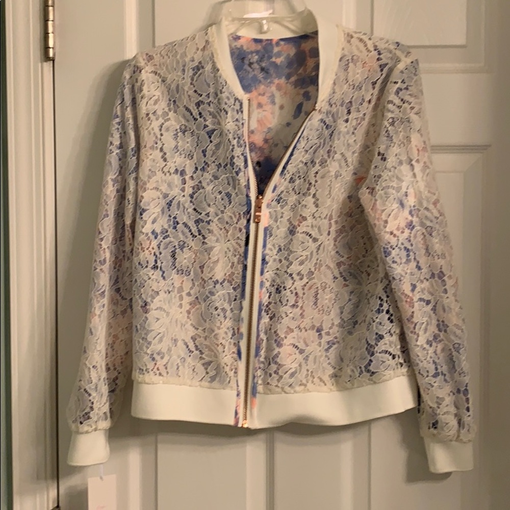 Floral & Lace Bomber jacket. Blue Cream Reversible